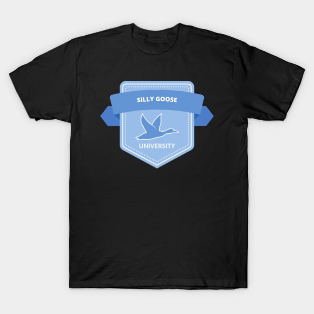 Silly Goose University - Flying Goose Blue Emblem T-Shirt by Double E Design